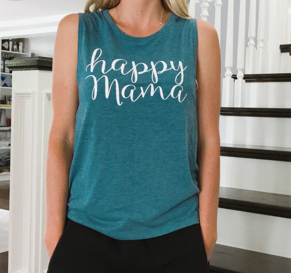 Heather Teal "Happy Mama" Muscle Tank