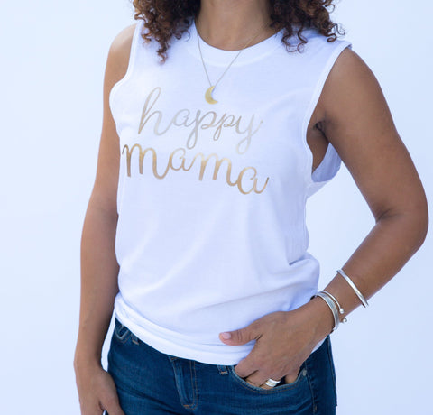 White Muscle Tank - Rose Gold Happy Mama