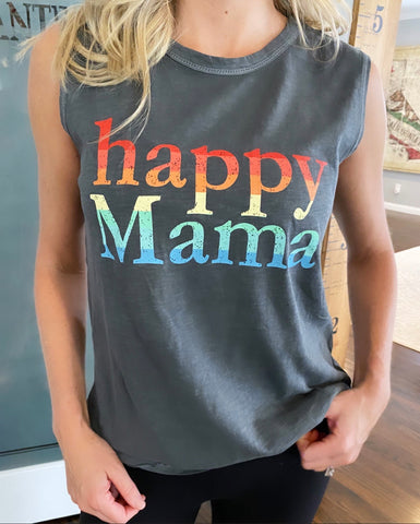 Vintage Gray Rainbow Happy Mama Muscle Tank