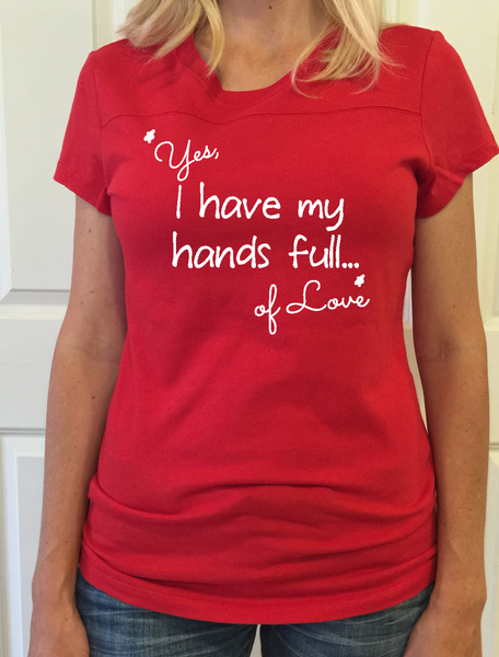 Red Football Tee - "Yes, I have my hands full...of love" - Us+Four